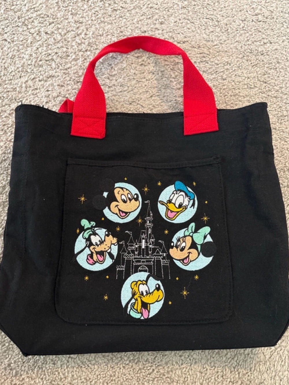 Disney Black Tote with Red Handles and Pastel Character Accents